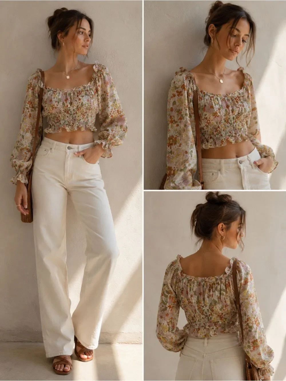 HYFVE Bohemian Floral Print Long Sleeve Crop Top Size S